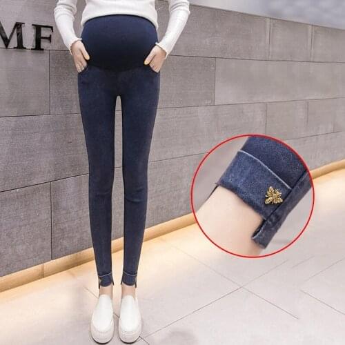 Pregnant women denim trousers spring pregnant women stomach lift pants feet pants wear denim casual pants maternity dress