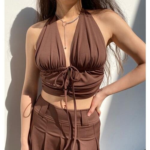 Vintage Drawstring Ruched Halter Neck Camis Crop Top Harajuku Tank Tops Women 2021 Brown Cute Tee Top Party Beach Camisole Vest