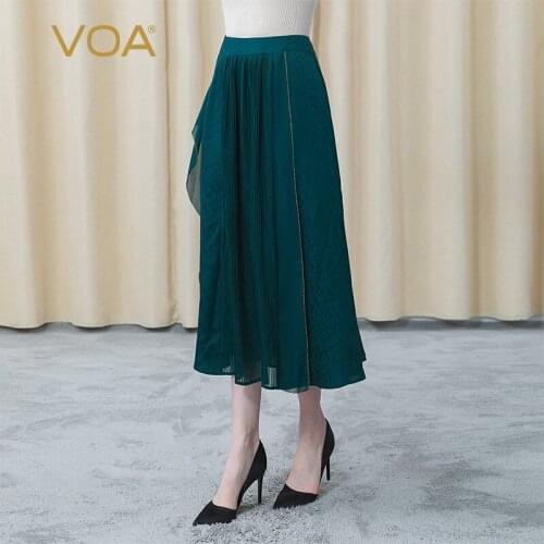 VOA 100% Silk Jacquard Peacock Green Fold Asymmetric Mosaic Design Natural Waist Loose Fashion Woman Skirt Summer 2021 CE90