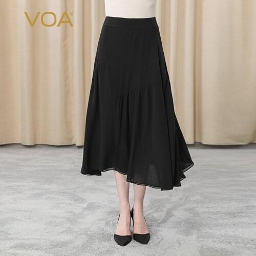 VOA silk black 3-layer Georgette natural waist side zipper asymmetric pleated stitching hem hem hem skirt CE31