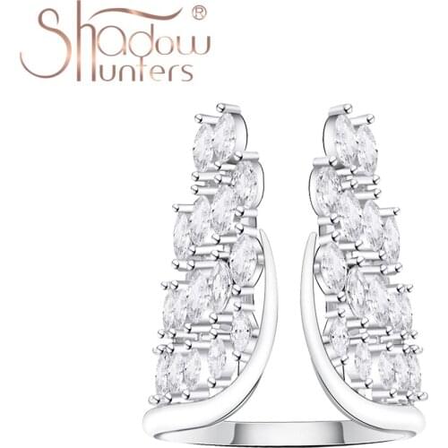 SHADOWHUNTERS Pure 925 Sterling Silver Angel Wings Ring Multi-Zircon Adjustable Woman Open Rings With White Enamel Bijoux Luxe