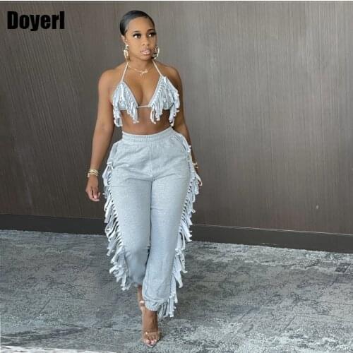 Sexy Two Piece Pants Set 2021 Tassel Bra Crop Top and Pant Suits for Women Summer Set Party Club 2 Piece Matching Set Outfits