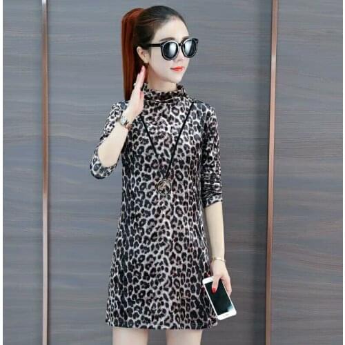 Womens Leopard Print Pullover Mid-length T-shirt Long-sleeved Bottoming Shirt Ladies Loose Female Printed Dress Autumn Winter