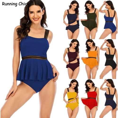 2021 Bikini solid-colored stitching skirt cover belly jumpsuit high waist conservative swimsuit women wholesale