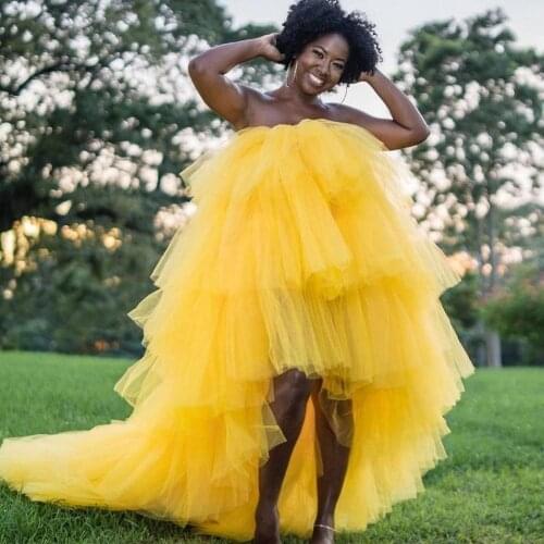 Fashion Yellow High Low Ruffles Tiered Tulle Women Dresses 2020 Off The Shoulder Lush Long Party Dress Custom Made