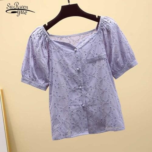 2020 Fashion Loose Puff Sleeve Cardigan Square Collar Womans Shirts Sweet Hollow Out Solid Chiffon Blouse Blusas 9878