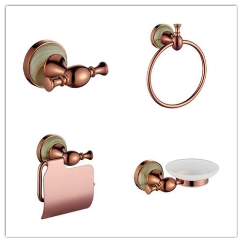 4 PCS Rose gold Brass and Marble Bathroom hardware accessories set Robe Clothes hook Paper holder Towel Ring Soap dish holder