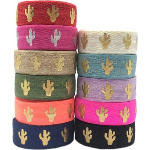 5yards/Lot 5/8'' 15mm Gold Foil Cactus FOE Fold Over Elastic For DIY Hair Ties Strap Accessaries