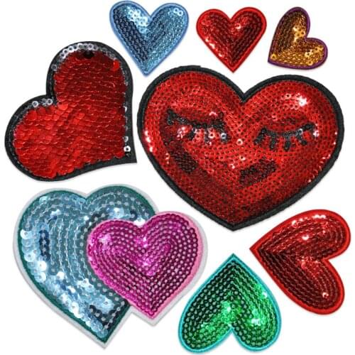 Sequined Love Red Heart Iron on Embroidered Patches for Clothing Hat Bag Sewing on Applique Stickers DIY Apparel Accessories