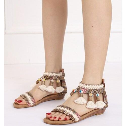 Bohemian Wedged-Heel Sandal Female Euro-American Summer 2021 National Fairy Style Peep-Toed Hanging Bead Tourist Roman Sandal