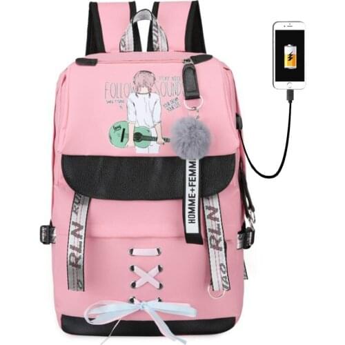 Large School Bags Teenage Girls USB Backpack Women Bookbags Student kids Bagpack Pink Printing Big Capacity College bookbag