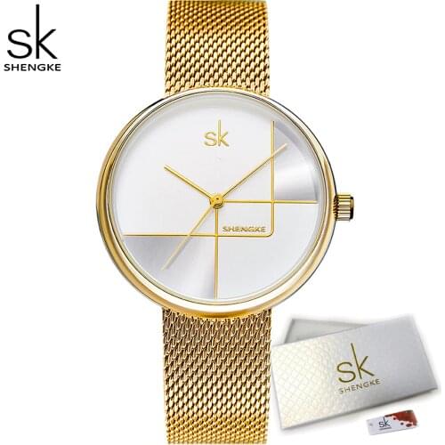 Shengke Golden Watches For Ladies Quartz Wristwatches Women Milan Mesh Steel Wrist Watch lrregular Clock Dial Relogio Feminino