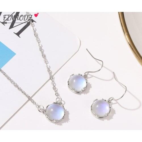FIMAODZ Moon Stone Necklace Earrings Set Blue Gradient Moonstone Gem Charm Silver Chain Jewelry Sets for Women Wedding Party