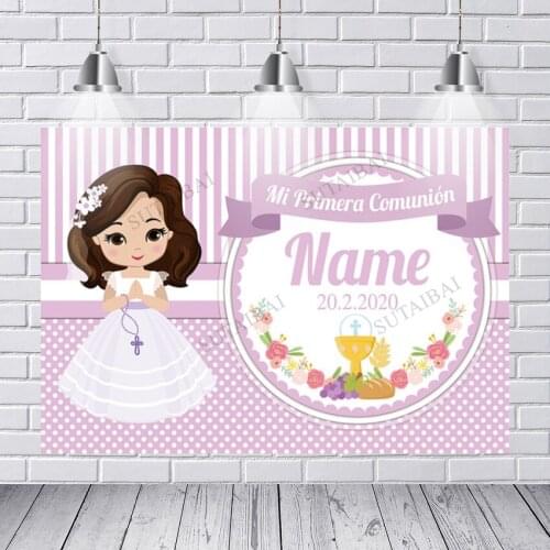 Girl Pink My First Communion Party Details Banner Custom Photo Backdrop Photography Background Photocall Photophone