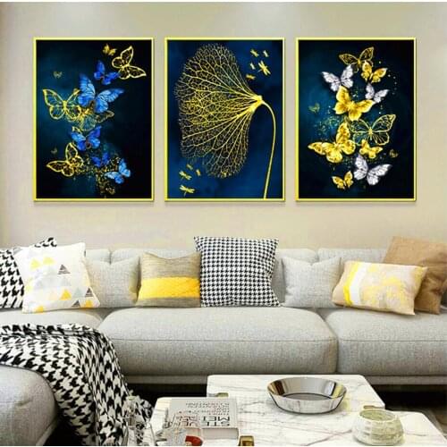 Blue Gold Butterfly Wall Art Triptych Diamond Painting Full Square Round Diamond Embroidery Mosaic Picture Of Rhinestones,N1252