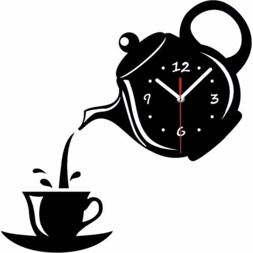 Creative coffee pot and cup butterfly quartz large clock mirror wall home decor clocks sticker silver gold black for living room