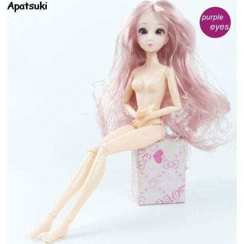 14 Jointed Movable Body With Head Purple Eyes Long Pink Curly Hair 11.5" Doll Nude Naked Body for 1/6 BJD Dolls Kids Toys
