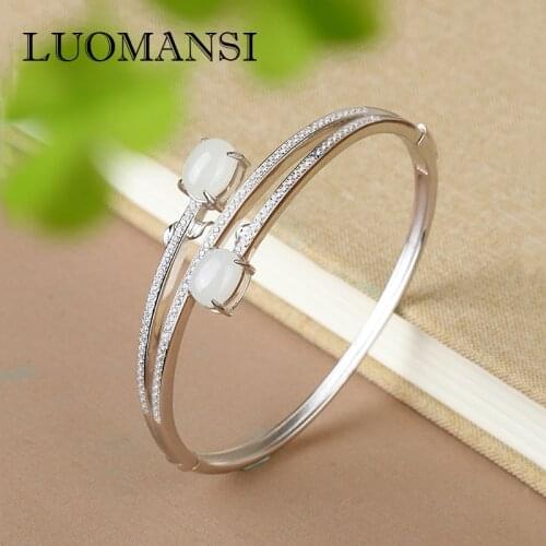 Luomansi S925 Silver Flower Bud Bracelet Really Natural Hetian Jade Jewelry Bracelet Woman Party Fine Jewelry