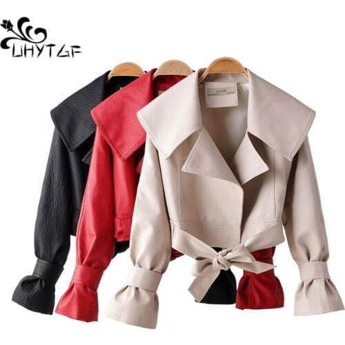 UHYTGF Fashion Women Leather Jacket Winter Clothes PU leather Coat Female Short Tops With Belt Basic Outerwear Veste Femme 938