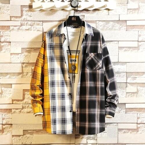 SIPERLARI Men Oversized Cotton Plaid Shirt 2020Man Hip Hop Patchwork Button Up Long Sleeve Shirt Couple Korean Harajuku Clothing