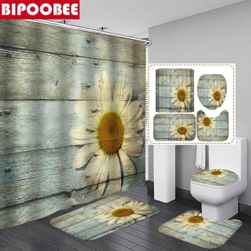 White Chrysanthemum Wood Board Printing Shower Curtain and Bath Mat Set Home Decoration Bathroom Non-Slip Rugs Toilet Lid Cover