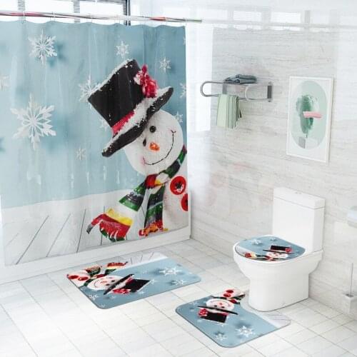 Cartoon Snowman Printed Bathroom Mat Set wtih Waterproof Shower Curtain and Curtain Hooks Bathroom Bath Mat Non-slip Toilet Rugs