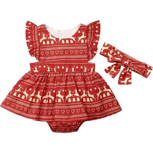 2Pcs Christmas Newborn Toddler Baby Girl Romper Bodysuit Headband Outfit Clothes Sleeveless Deer Elk Tutu Dress First Xmas Party