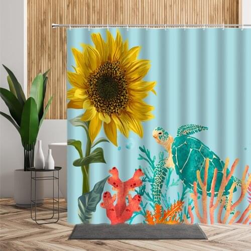 Abstract Art Sea Turtle Shower Curtain Yellow Sunflower Coral 3D Printing Bathroom Curtains Waterproof Bathtub Screen With Hooks