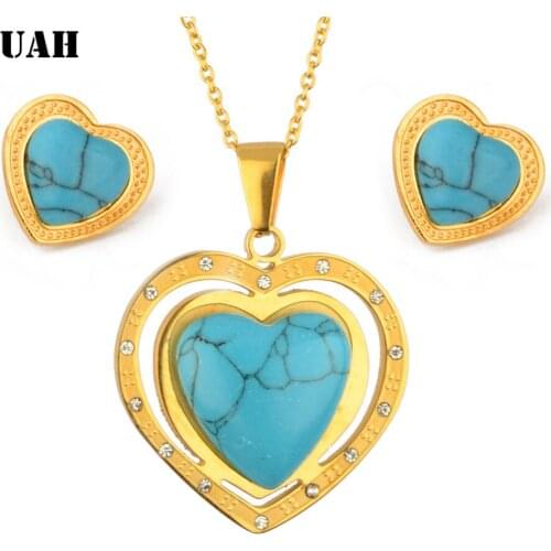 UAH Green Oval Transparent Heart Jewelry Set Necklace Earrings Antique Silver Plated Stainless Steel Chain Fashion Jewelry