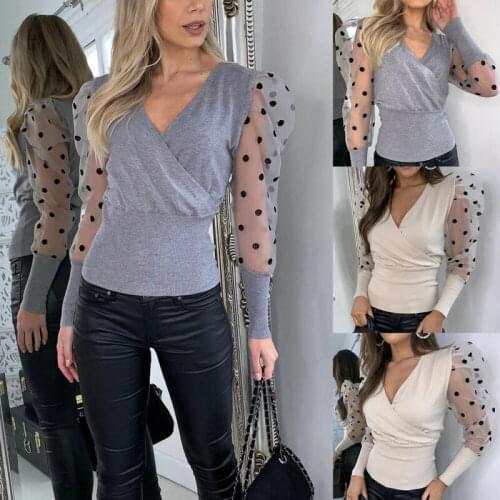 Ladies Mesh Sheer Polka Dot Puff Sleeve T-shirt Tops Slim V Neck Pullover New