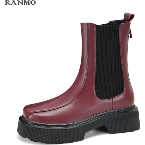 Fashion Brand Platforms Women Ankle Boots Thick Heels Genuine Leather New Fashion Concise Casual Autumn Winter Shoes Woman Basic