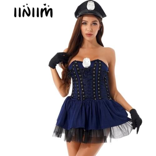 Womens Sexy Cop Outfit Halloween Theme Party Police Uniform Costume Strapless Lace-up Layered Policewomen Dress with Hat Gloves