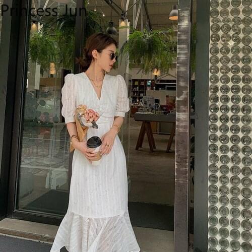 New Summer Women Long White Mermaid Dress V Neck Short Sleeve Elegant Slim Dress Vestidos Ruffled Hem Holiday Midi Fairy Dress