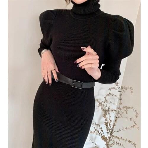 Black Turtleneck Jumper Dresses Winter Thick Pollover Knitted Woman New Sweater Dress Women Solid Warm 2021 Casual Korean Robe