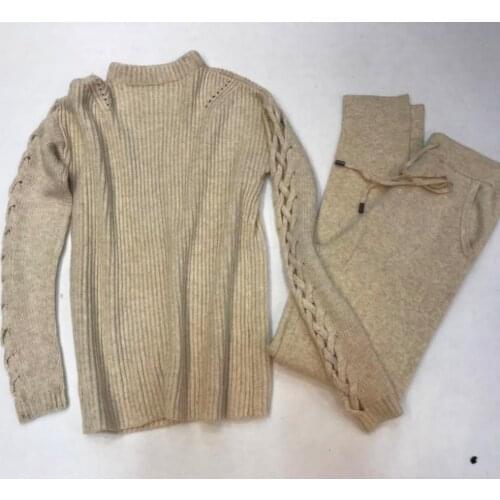 Winter Woolen + Cashmere Knitted warm Suit hollor cut Velvet Sweater + Mink Cashmere Trousers Leisure Two-piece suits wj2813