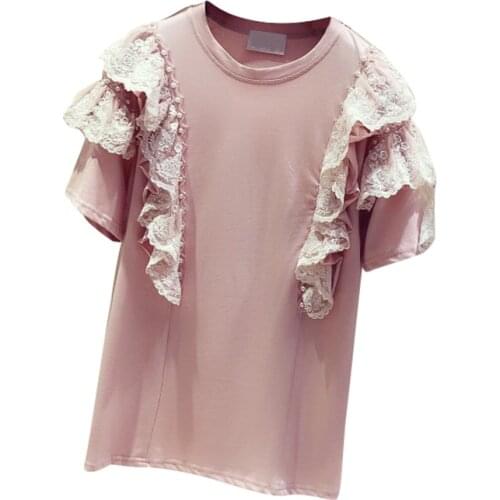 Beads Lace Stitching Round Neck Short Sleeved T-shirt for Women 2021 Summer New Korean Style Casual Top Fashion Ladies Tees