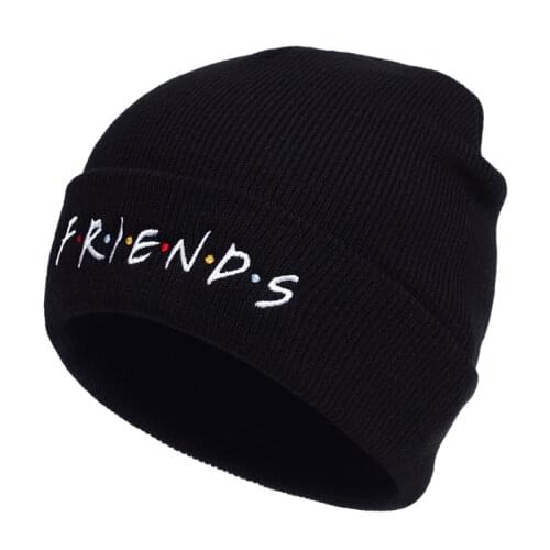 Black FRIENDS Embroidery Beanie Hat Winter Autumn Cotton Flexible Knitted Hats Men Women Hip Hop Beanies Hat Outdoor Warm Hats