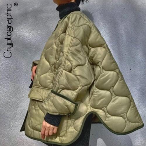 Cryptographic Designer Autumn Winter Army Green PufferJackets for Women Casual Fashion Warm Breasted Cotton Quilted Coat Pockets