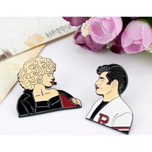 Sandy Danny Enamel Brooch Cartoon Character Face Pin Coat Cap Backpack Lapel Pins Badge Romantic Movie Jewelry Lovers Gift