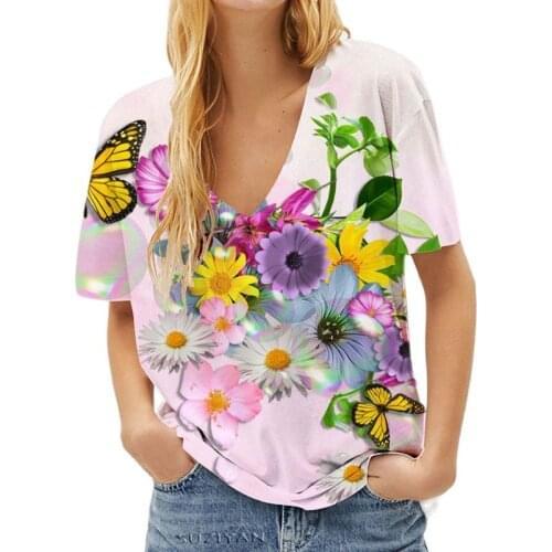 Womens T-shirt Floral Print Harajuku Summer Casual Women Clothes Short Sleeve 3D Tshirts Femme Street Hipster Tee V-neck Tops