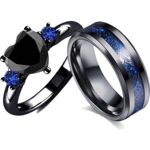 Popular Couple Romantic Couple Ring Fashion Jewelry Anniversary Wedding Black Heart Cubic Zirconia Ring Set Lover Accessories