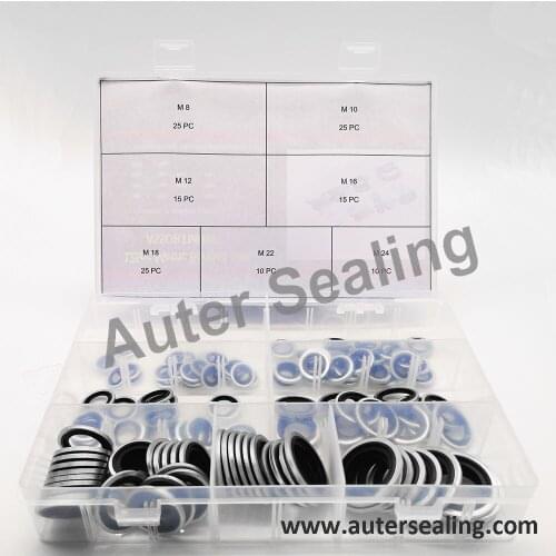 Metric 125 pcs 7 different popular sizes Bonded seal kit High quality Bonded Washer seals Self Centering rubber bonded seal box