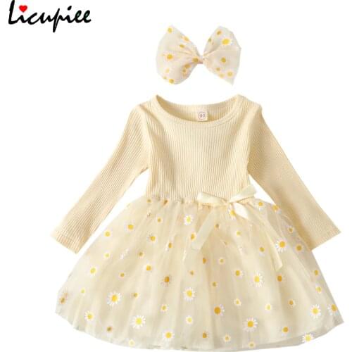 Toddler Summer Clothes, Sweet O-neck Long-sleeves Skirt with Daisy Printing Hemline + Bow Hairband for Little Girl, 1-6 Years