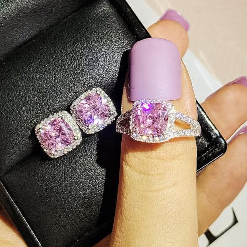 925 Sterling Silver Jewelry set halo Engagement ring round stud earring for Wedding Valentines Day Valentines Day J4935-pink