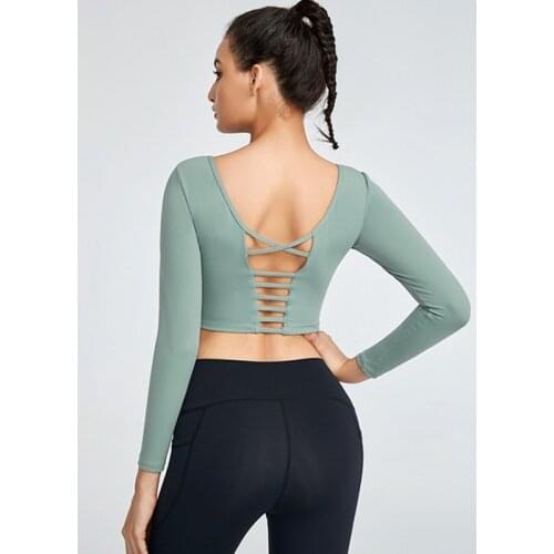 Autumn New Back Cross Hollow Sports Long-Sleeve T Shirts Women Stretch Tight Gym Running Quick-Drying Yoga Shirts With Pad