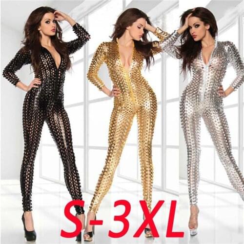 Hollow Out Faux PU Leather Bodycon Jumpsuit Long Sleeve Bodysuit One Piece Catsuit Bodystocking Sexy Hot Ertoic Clubwear Bodies