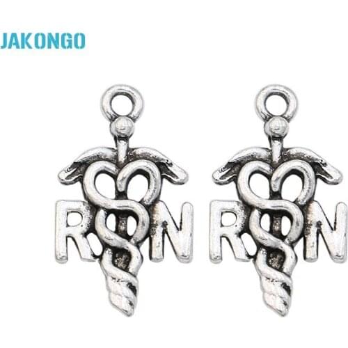 JAKONGO Antique Silver Plated RN Nurse Charms Pendants for Jewelry Making DIY Handmade Craft 22X13mm