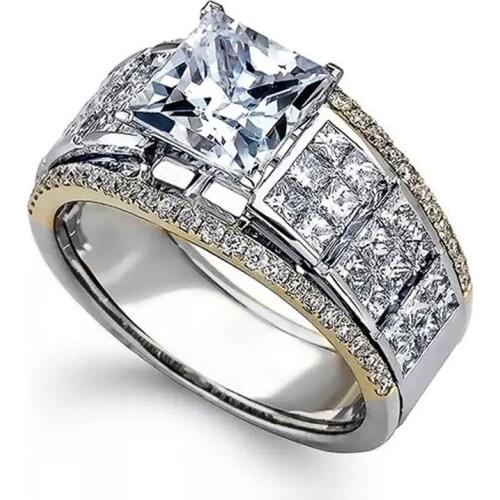 JK Luxury Gold/Silver Color Two Tone Band Female Finger Ring Classic 4 Claws Princess Cut Shine CZ Stone New Women Jewelry