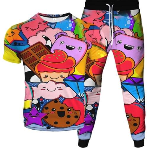 Kawaii Cartoon Ice Cream Print Men Women Tracksuit Female Male Fashion T-Shirt+Long Pants 2Pcs Sets Clothes Suit Plus Size S-6XL