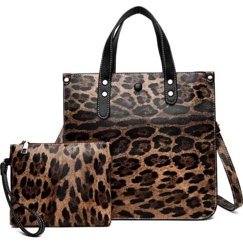 Women Tote 2 pcs Fashion PU Metal chain Leather Ladies Handbag Leopard Messenger Shoulder Bag Wallet Famous brand 2020